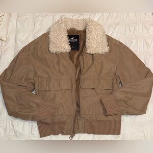Hollister Tan Bomber Jacket with Cream Sherpa Collar